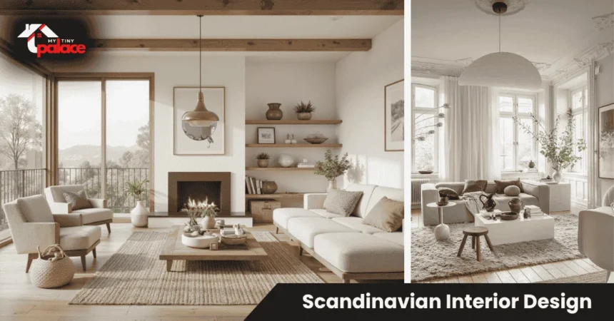 Bright minimalist living room showcasing Scandinavian interior design with white walls, light wood floors, and neutral furniture
