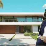 A grand two-story Mediterranean-style mansion with red tile roof, white stucco walls, arched windows and a wrought-iron balcony, partially obscured by lush greenery.