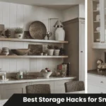 Small kitchen with wall-mounted pegboard and metal rail system displaying utensils and spices, demonstrating best storage hacks for small kitchens.