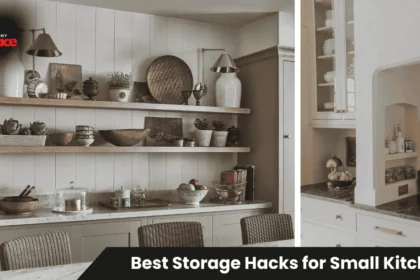 Small kitchen with wall-mounted pegboard and metal rail system displaying utensils and spices, demonstrating best storage hacks for small kitchens.