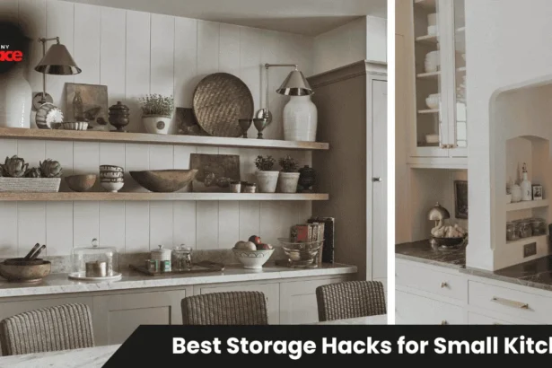 Small kitchen with wall-mounted pegboard and metal rail system displaying utensils and spices, demonstrating best storage hacks for small kitchens.