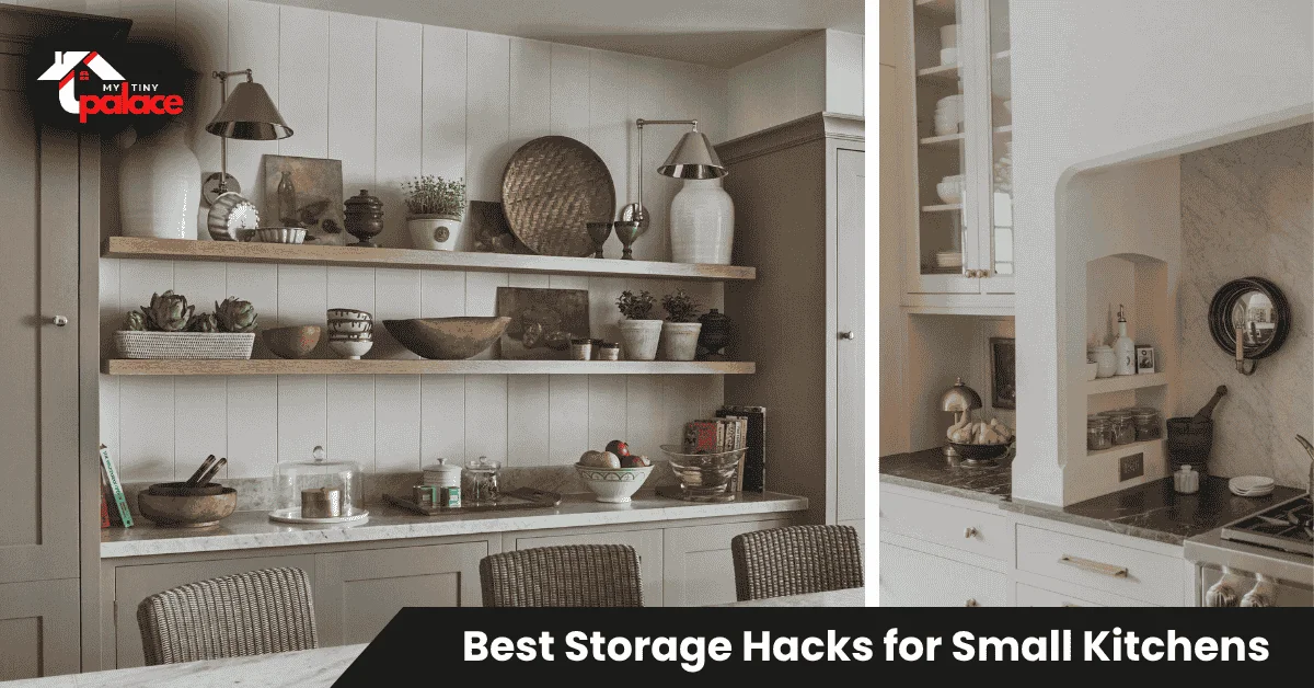 Small kitchen with wall-mounted pegboard and metal rail system displaying utensils and spices, demonstrating best storage hacks for small kitchens.