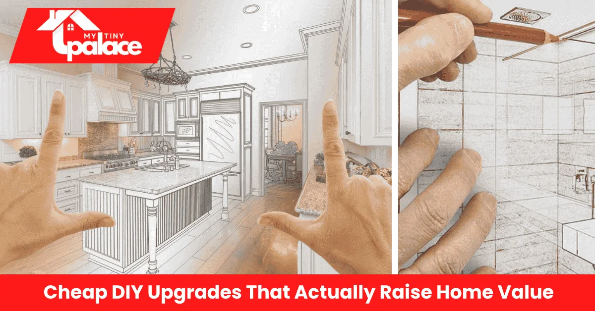 Before-and-after kitchen makeover showing Low-Cost DIY Upgrades That Add Value to Your Home through painted cabinets, peel-and-stick backsplash, and affordable fixtures.