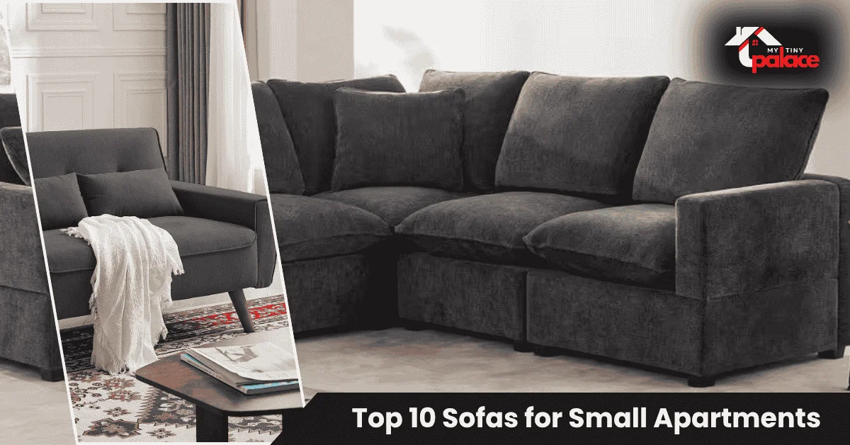 Close-up of a gray linen compact apartment sofa showing slim arms and shallow depth, exemplifying space-saving design for small apartment sofas.