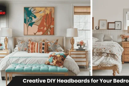 Beautiful handmade upholstered headboard showing creative DIY headboards for your bedroom with neutral fabric and wooden frame