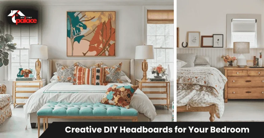 Beautiful handmade upholstered headboard showing creative DIY headboards for your bedroom with neutral fabric and wooden frame