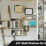 Bright modern living room featuring DIY wall shelves for extra storage with floating wooden shelves displaying books and plants above neutral furniture