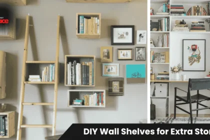 Bright modern living room featuring DIY wall shelves for extra storage with floating wooden shelves displaying books and plants above neutral furniture