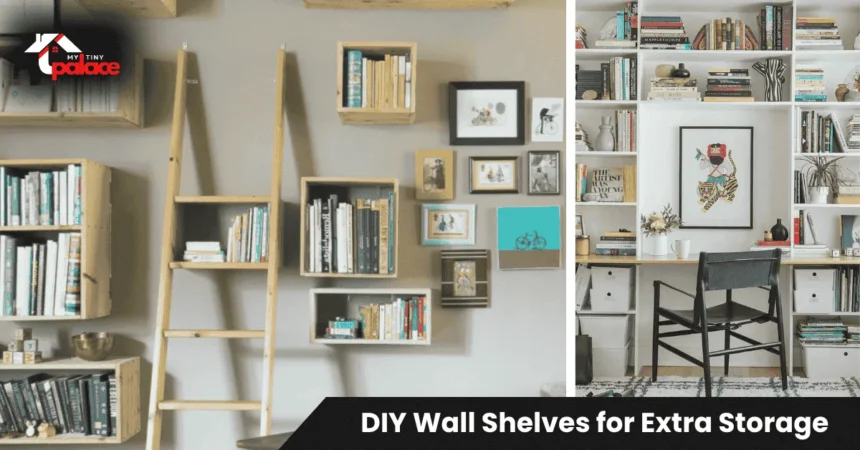 Bright modern living room featuring DIY wall shelves for extra storage with floating wooden shelves displaying books and plants above neutral furniture