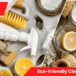 A cozy, sunlit kitchen showcasing Eco-Friendly Cleaning Hacks using natural ingredients like vinegar, lemon, and baking soda for a spotless, toxin-free home.