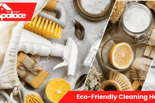 A cozy, sunlit kitchen showcasing Eco-Friendly Cleaning Hacks using natural ingredients like vinegar, lemon, and baking soda for a spotless, toxin-free home.