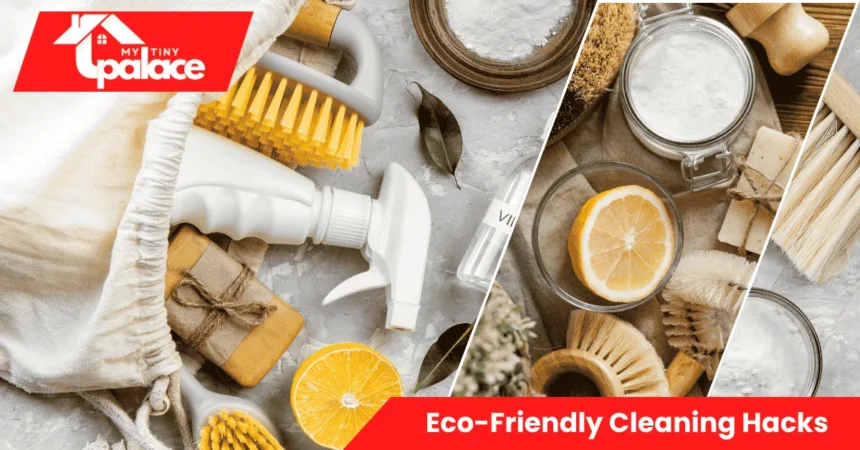 A cozy, sunlit kitchen showcasing Eco-Friendly Cleaning Hacks using natural ingredients like vinegar, lemon, and baking soda for a spotless, toxin-free home.