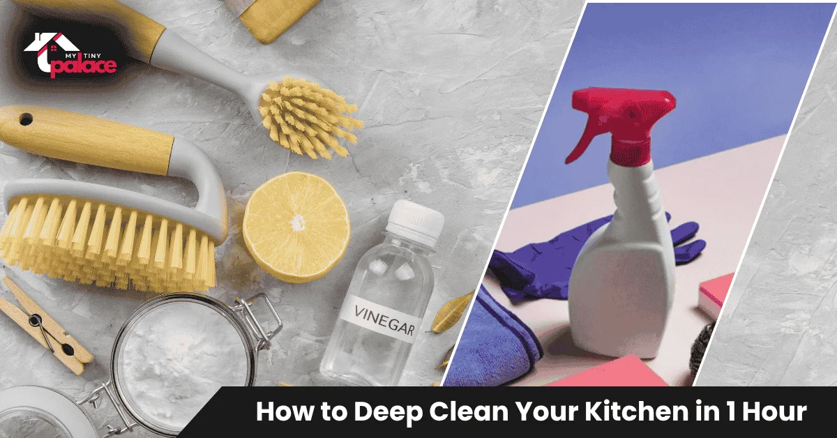 Organized cleaning supplies including microfiber cloths, degreaser, and spray bottles arranged for How to Deep Clean Your Kitchen in 1 Hour routine
