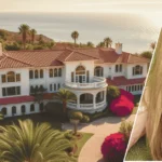 Hannah Montana’s luxurious house in the background with the celebrity image placed in front for a stylish collage effect.