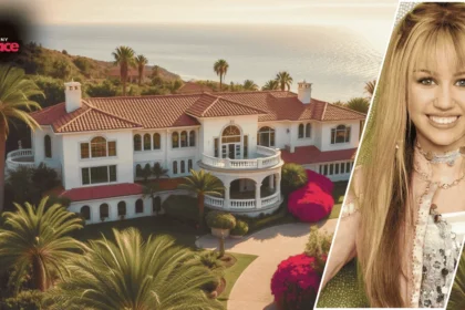 Hannah Montana’s luxurious house in the background with the celebrity image placed in front for a stylish collage effect.