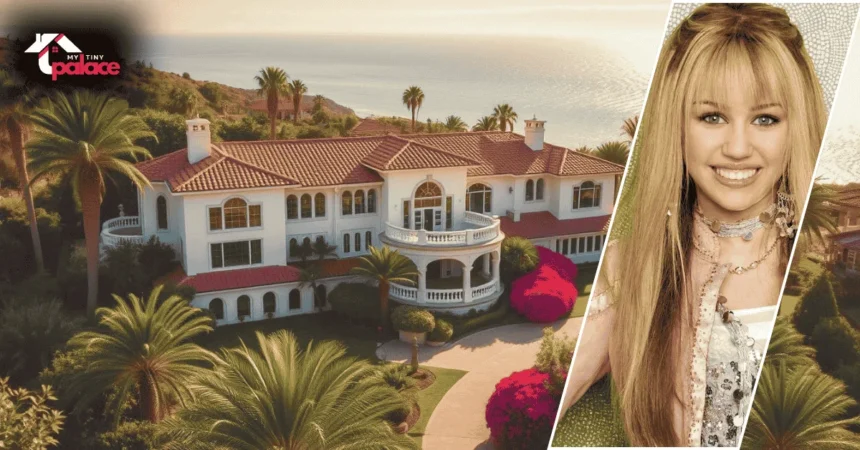 Hannah Montana’s luxurious house in the background with the celebrity image placed in front for a stylish collage effect.
