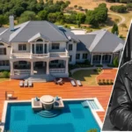 Aerial view of George Foreman’s Texas mansion showcasing its vast estate, pool area, and elegant architecture.