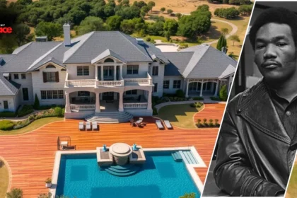Aerial view of George Foreman’s Texas mansion showcasing its vast estate, pool area, and elegant architecture.