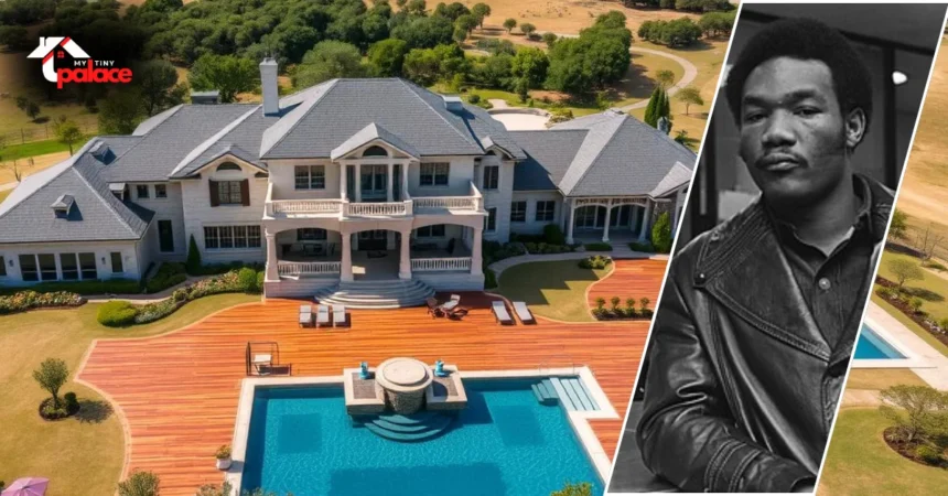 Aerial view of George Foreman’s Texas mansion showcasing its vast estate, pool area, and elegant architecture.