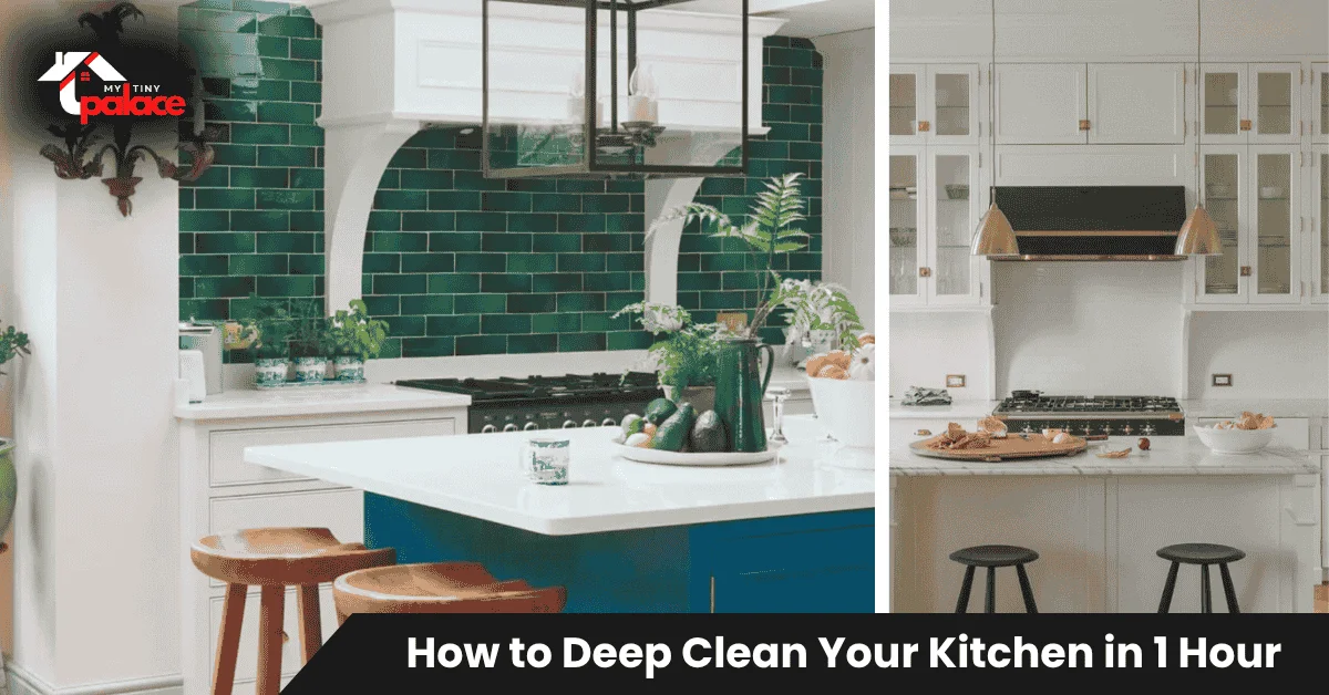 Clean modern kitchen with spotless counters and shining appliances showing results of How to Deep Clean Your Kitchen in 1 Hour method