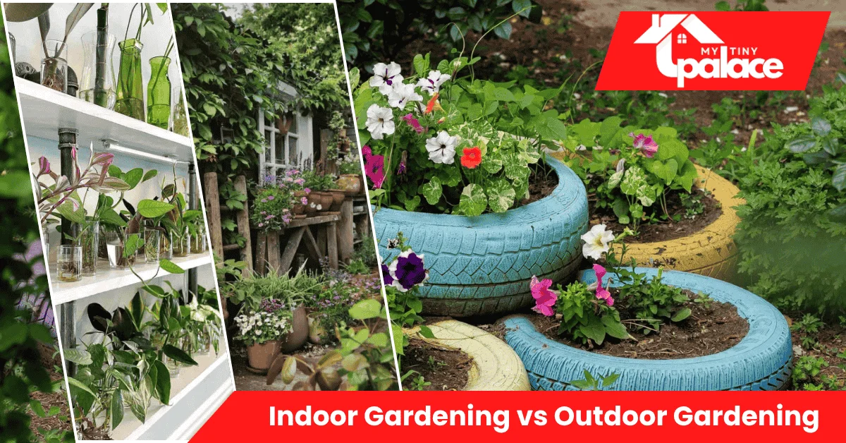 A vibrant outdoor backyard garden beside an indoor plant setup, visually comparing Indoor Gardening vs Outdoor Gardening for modern home growers.