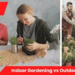 A cozy windowsill filled with herbs and potted plants showing the contrast between Indoor Gardening vs Outdoor Gardening styles, with sunlight streaming through the window.