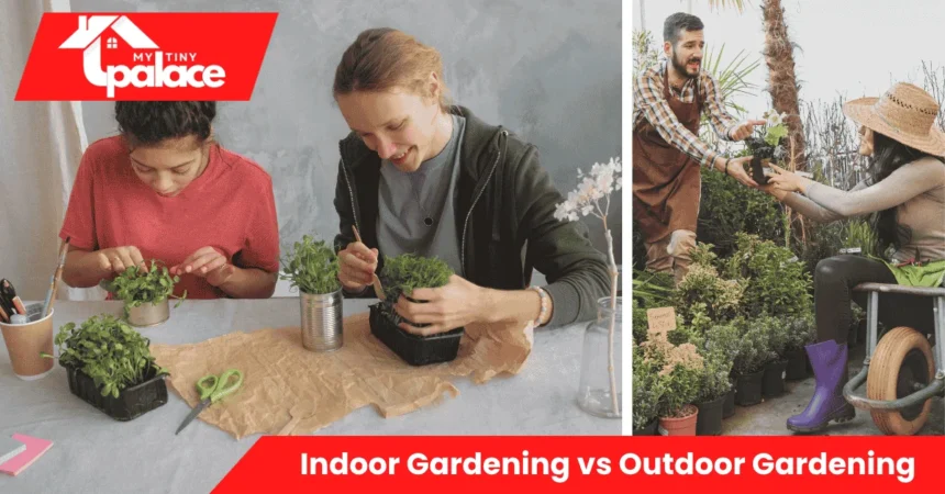 A cozy windowsill filled with herbs and potted plants showing the contrast between Indoor Gardening vs Outdoor Gardening styles, with sunlight streaming through the window.