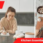 Flat-lay of cookware, a chef’s knife, measuring spoons, and a cutting board illustrating the Kitchen Essentials Checklist for new cooks and small kitchens.
