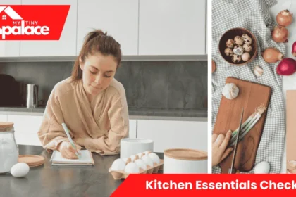 Flat-lay of cookware, a chef’s knife, measuring spoons, and a cutting board illustrating the Kitchen Essentials Checklist for new cooks and small kitchens.