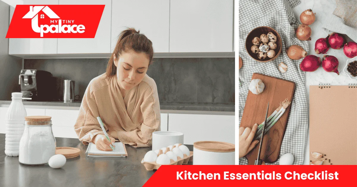 Flat-lay of cookware, a chef’s knife, measuring spoons, and a cutting board illustrating the Kitchen Essentials Checklist for new cooks and small kitchens.