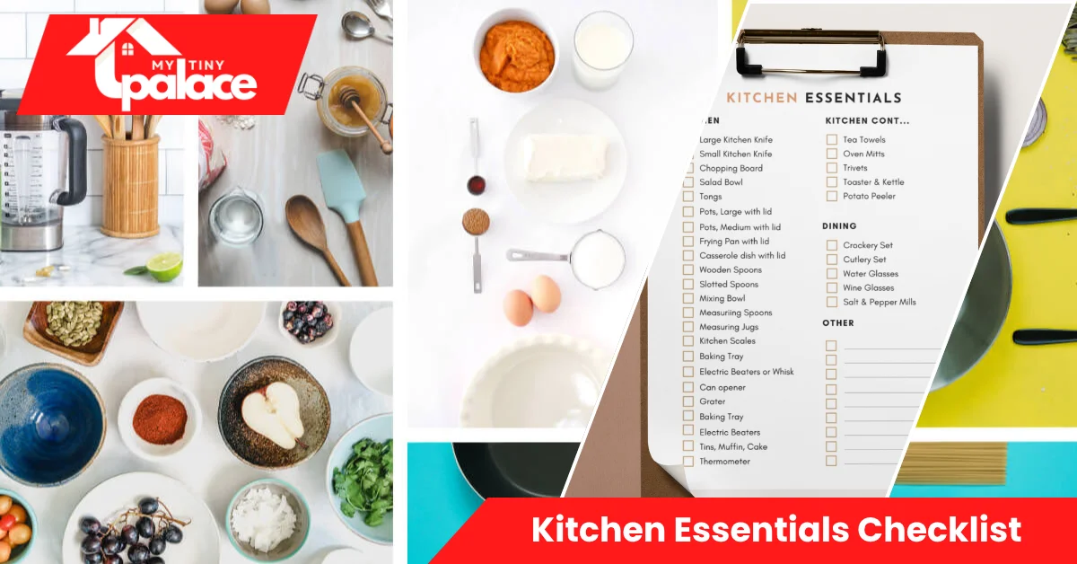 Organized small kitchen shelf with labeled containers, nesting pans, and a tidy prep area representing the Kitchen Essentials Checklist for compact spaces.