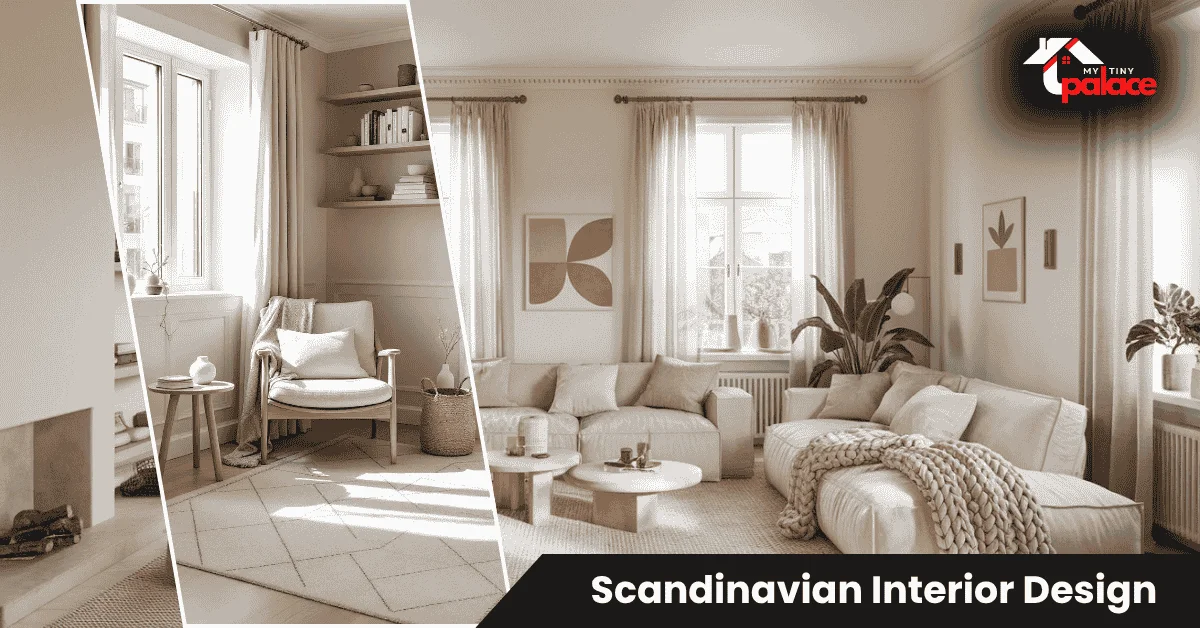 Scandinavian interior design bedroom featuring simple wood bed frame, white linens, and layered neutral textiles for cozy minimalism