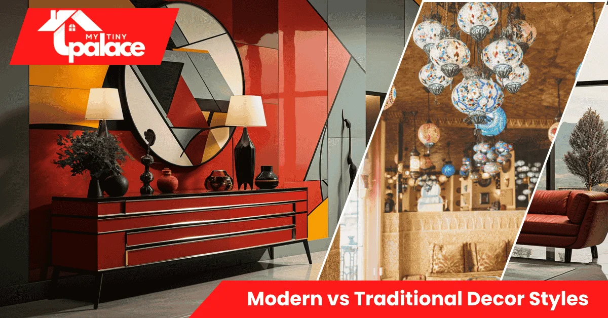 Modern vs Traditional Decor Styles comparison featuring a bright, minimalist modern space beside a warm, detailed traditional interior for visual contrast.