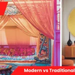 A living room showcasing Modern vs Traditional Decor Styles with one half featuring sleek minimal furniture and the other half showing ornate classic pieces.