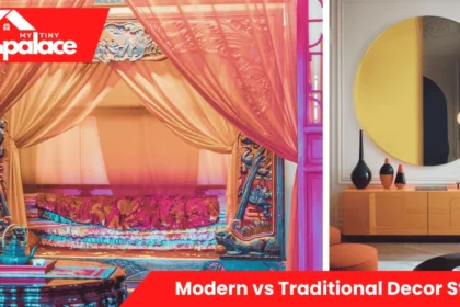 A living room showcasing Modern vs Traditional Decor Styles with one half featuring sleek minimal furniture and the other half showing ornate classic pieces.