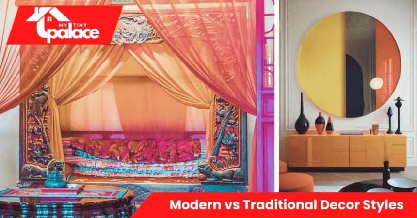 A living room showcasing Modern vs Traditional Decor Styles with one half featuring sleek minimal furniture and the other half showing ornate classic pieces.