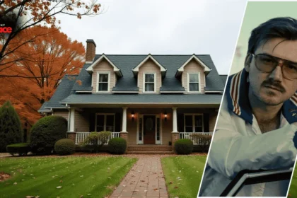 Morgan Wallen’s house in Sneedville, Tennessee with his portrait overlayed on the image
