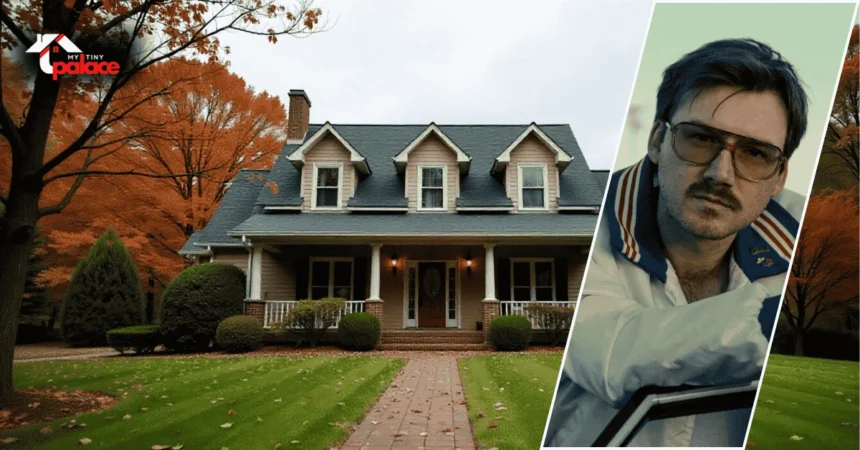 Morgan Wallen’s house in Sneedville, Tennessee with his portrait overlayed on the image