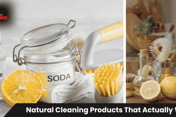 Best natural cleaning products including vinegar, baking soda, castile soap, and essential oils arranged with reusable spray bottles on white kitchen counter