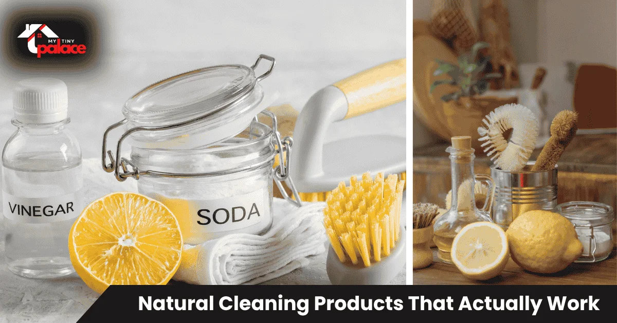 Best natural cleaning products including vinegar, baking soda, castile soap, and essential oils arranged with reusable spray bottles on white kitchen counter