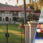 Shohei Ohtani’s house showing a contemporary mansion exterior surrounded by lush trees and minimalist landscaping