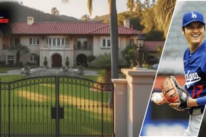 Shohei Ohtani’s house showing a contemporary mansion exterior surrounded by lush trees and minimalist landscaping