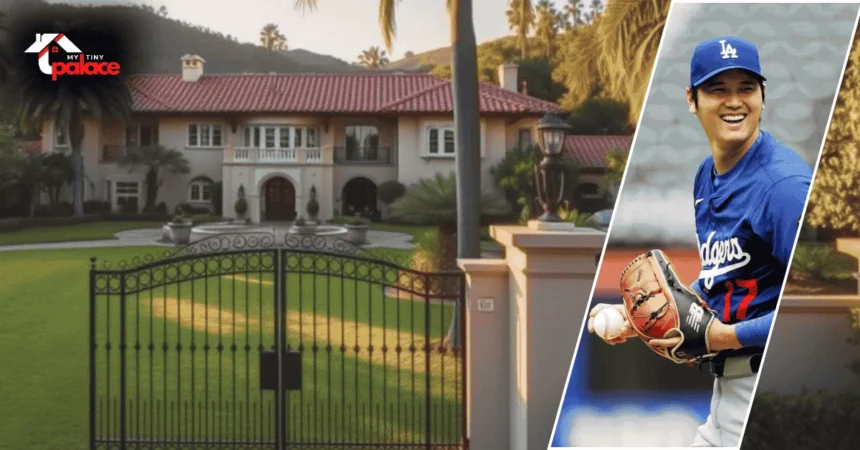 Shohei Ohtani’s house showing a contemporary mansion exterior surrounded by lush trees and minimalist landscaping
