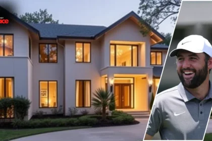 Front exterior of Scottie Scheffler’s Dallas house featuring a modern brick design and elegant landscaping.