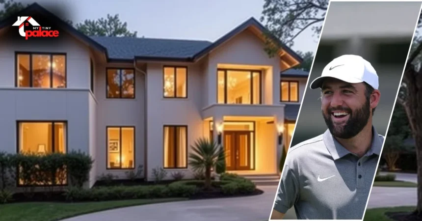 Front exterior of Scottie Scheffler’s Dallas house featuring a modern brick design and elegant landscaping.