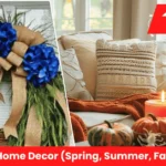 A bright living room styled with colorful accents and textures inspired by Seasonal Home Decor (Spring, Summer, Fall, Winter).