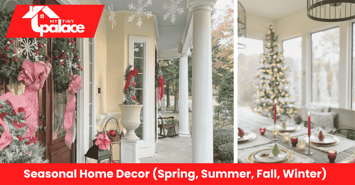 A cozy home interior showcasing decor transitions for Seasonal Home Decor (Spring, Summer, Fall, Winter) with warm and cool tones.