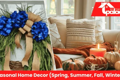 A bright living room styled with colorful accents and textures inspired by Seasonal Home Decor (Spring, Summer, Fall, Winter).