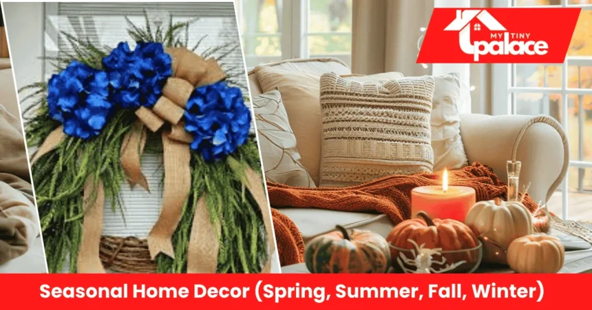 A bright living room styled with colorful accents and textures inspired by Seasonal Home Decor (Spring, Summer, Fall, Winter).