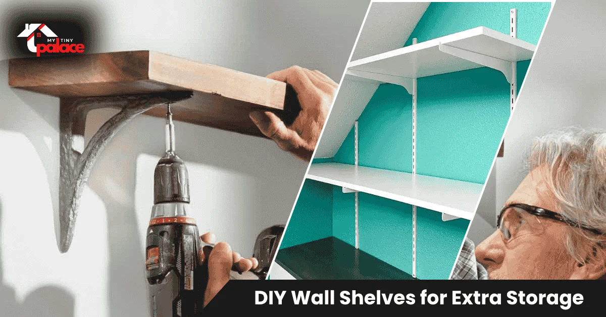 Person installing wall mounting brackets for DIY wall shelves for extra storage using drill and level tool in home improvement project